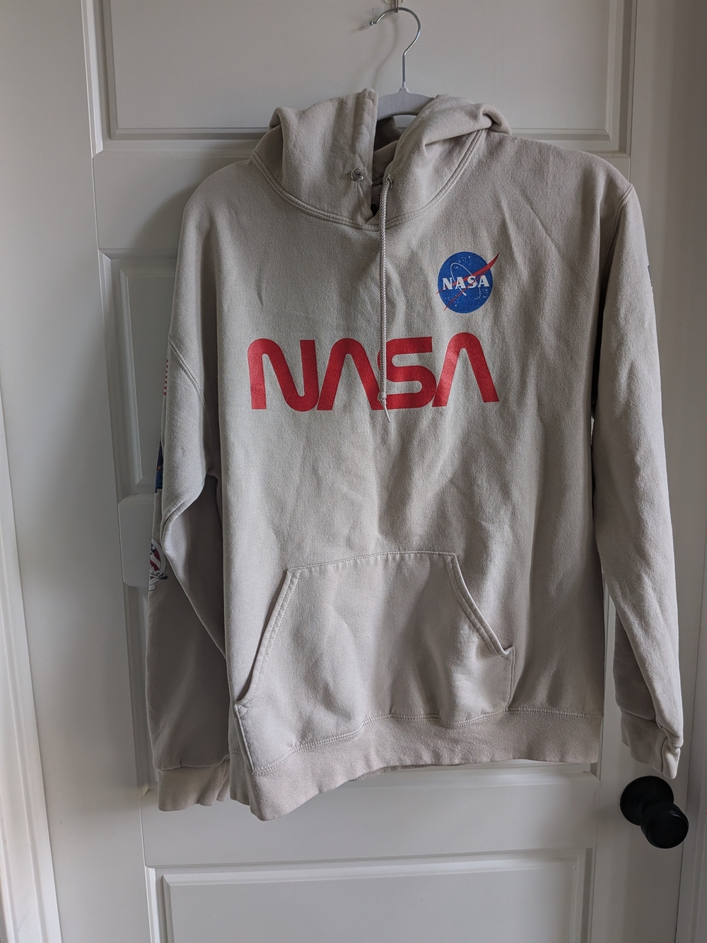 NASA Logo Pullover Hoodie in Light Beige with Red Print